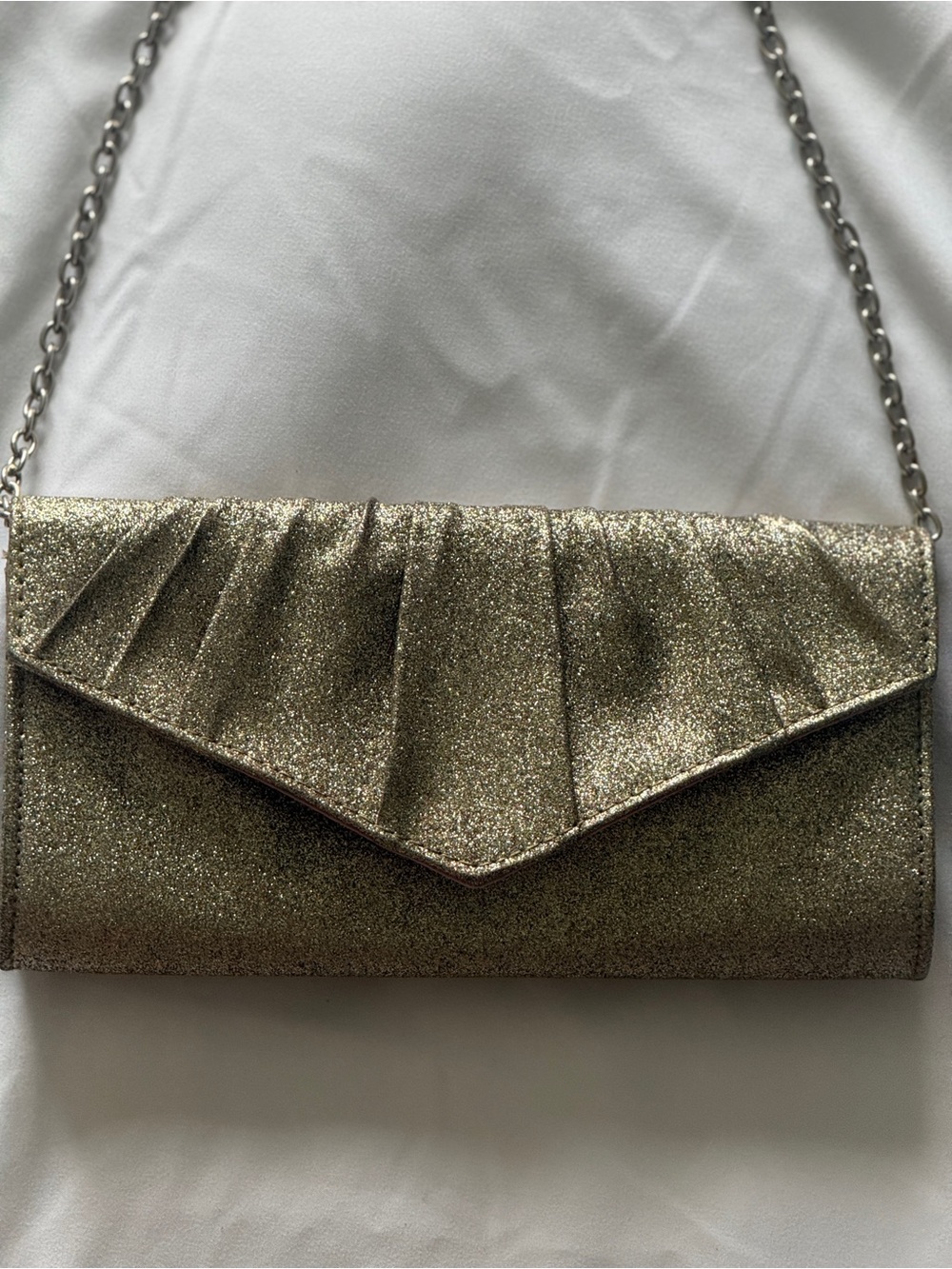 Champagne Glitter Envelope Clutch Evening Bag w/ Chain Strap